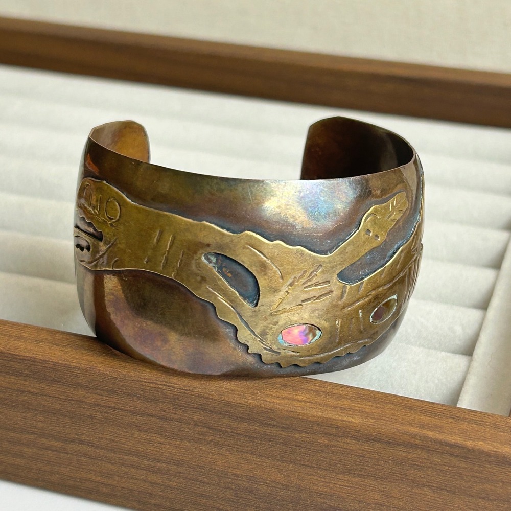 Mexico Mixed Metal Serpent Cuff Bracelet Abalone Inlay Brass Copper Vintage